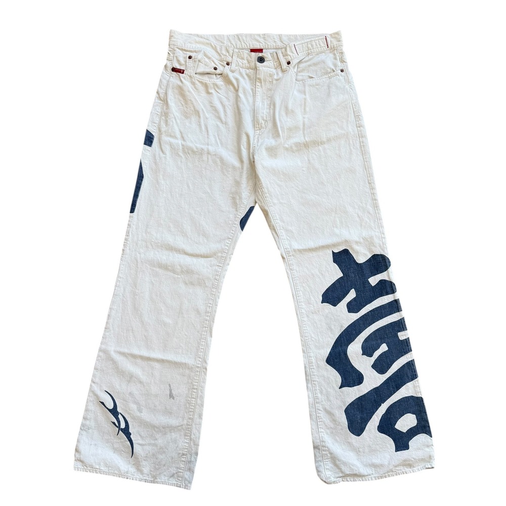 Vintage Guess Kanji Graphic Jeans Mens 36x32 Cream Blue Wide Leg Denim M2131141